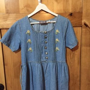 Vintage Denim Dress w/ Embroidered Flowers
